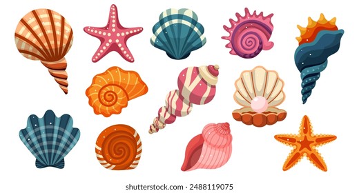 Colección de conchas sobre fondo blanco. Conjunto de conchas submarinas exóticas del océano, caracoles de espiral de mar, moluscos submarinos. Criaturas marinas. Ilustración vectorial plana de moda para pegatina.