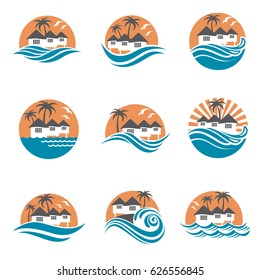 Collection of seaside beach logo with houses and palms. Vector illustration

