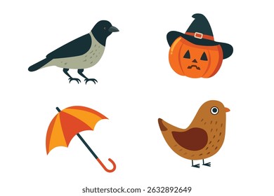 A Collection of Seasonal Autumn Icons Featuring Charming Birds, Pumpkins, and Umbrellas