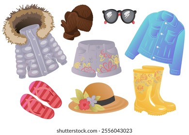 Collection of seasonal clothing and accessories including jacket, hat, sunglasses, shorts, and boots. Vector illustration isolated on white background.