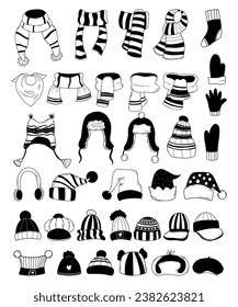 Collection seasonal clothing. Scarves, neckerchief, hats and caps, mittens and socks. Isolated hand drawings doodle winter knitted accessory. Vector illustration