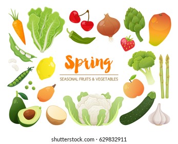 Collection of seasonal fruits and vegetables. Spring time collection. Vector EPS10 illustration.