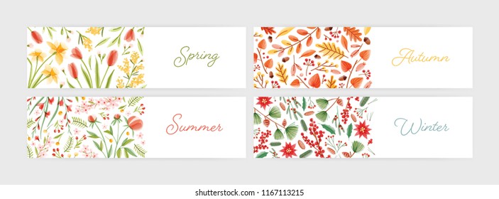 Collection of seasonal horizontal banner templates with season names written with cursive font, flowers and plants. Spring, summer, autumn and winter floral backdrops. Flat vector illustration.
