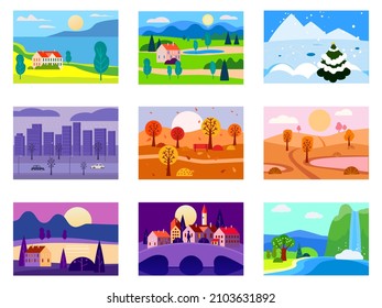 Collection of seasons landscapes winter, spring, summer, autumn. Rural, mountaines, field, city, sea, snow, hot, rain, night. Vector minimalistic flat illustration