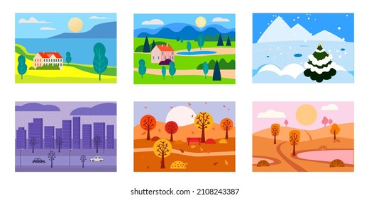 Collection of seasons landscapes winter, spring, summer, autumn. Rural, mountaines, field, city, sea, snow, hot, rain, night. Vector minimalistic flat illustration