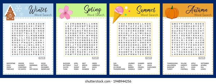 Collection of Seasons word search puzzle. Winter, spring, summer, autumn crossword. Worksheet for learning English.  