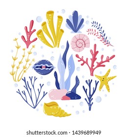 Collection of seaweeds, underwater sea plants, shells. Vector illustration of nature wildlife in a circle concept