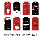A collection of Secret Santa labels for Christmas and New Year gifts in an adult style on a black and red background for Secret Santa-themed parties and greetings.