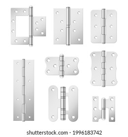 Collection section of steel door hinges vector illustration in realistic style. Set of various metallic mortise equipment for adjustable fixing aperture isolated on white. Anodized tools for attaching
