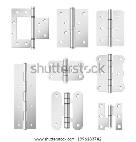 Collection section of steel door hinges vector illustration in realistic style. Set of various metallic mortise equipment for adjustable fixing aperture isolated on white. Anodized tools for attaching