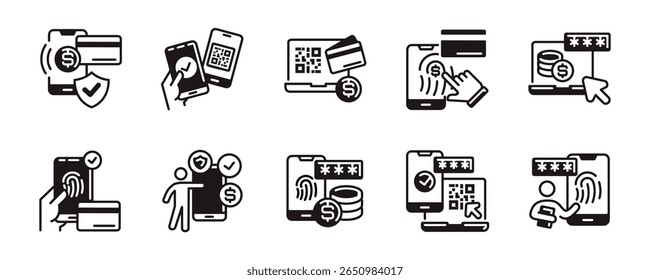 coleção de seguro on-line ícone de pagamento definido negócio dinheiro sem dinheiro dinheiro transferência método de código de segurança móvel e laptop digital pagamento proteção sinais vetor ilustração