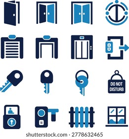 Collection of Security and Access Control Icons Featuring Keys Doors Elevators and Safety Symbols