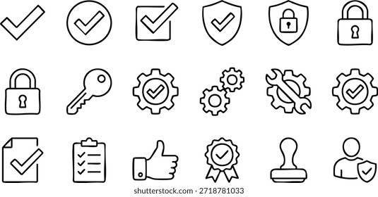 Colección de iconos de seguridad y Aprobación en un diseño de cuadrícula sobre un fondo blanco