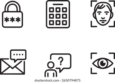 Collection of Security and Authentication Icons Featuring Password Protection, Face Recognition and Iris Scanning for Secure Systems