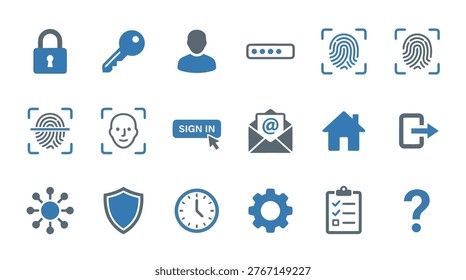 A collection of security authentication icons illustrating access control and identity