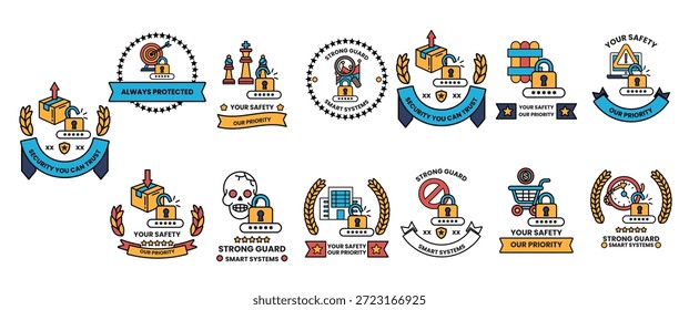 Una colección de insignias de seguridad con una variedad de diseños y colores. Las insignias están destinadas a representar diferentes niveles de seguridad