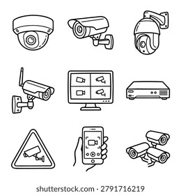Collection of security camera icons and surveillance technology elements for monitoring and safety applications
