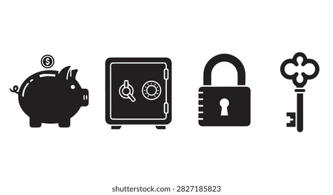 Collection of security icons featuring a piggy bank, safe, lock, and key, representing financial security, protection, and safeguarding assets.