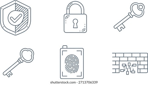 Una colección de iconos de seguridad con un escudo con una marca de verificación, candado, llaves, un teléfono inteligente con escaneo de huellas dactilares y una Contraseña de teclado