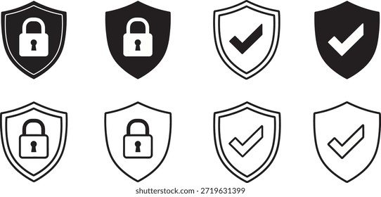 Uma coleção de ícones de segurança com gráficos de escudo e bloqueio em preto e branco
