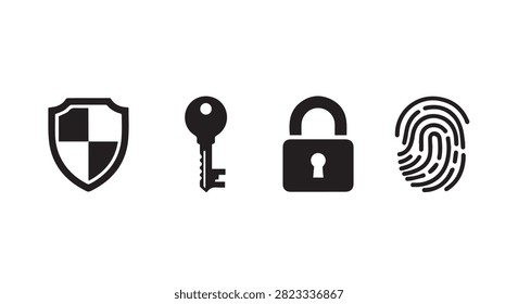 A collection of security icons featuring shield, key, lock, and fingerprint symbols representing protection, privacy, and security concepts.