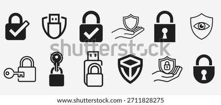 Collection of security icons including padlocks usb drives shields and keys representing data protection and cyber security