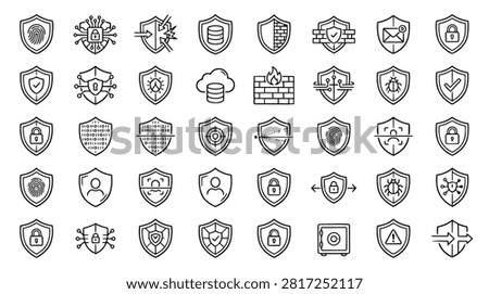 A collection of security icons, including shields, fingerprints, locks, and digital elements, representing various aspects of cybersecurity and data protection.