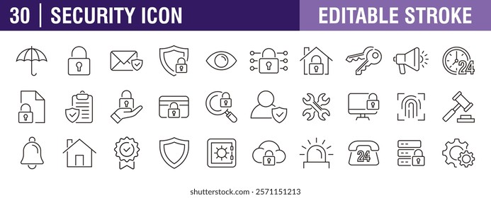 Collection of security icons. Privacy, police, defense, protection, security system. Vector design template, signs, symbols, editable stroke.