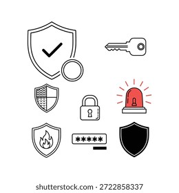 Collection of security icons representing protection and safety measures in a simple design