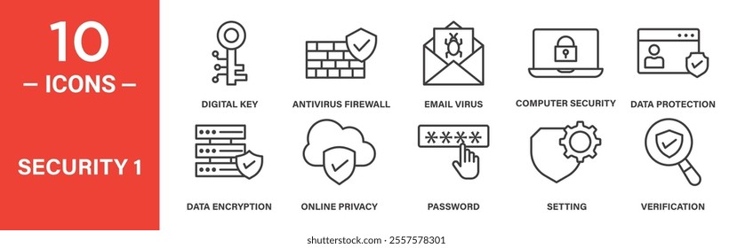 A collection of security icons showcasing digital keys, antivirus firewalls, email protection, data encryption, online privacy, passwords, and verification tools.