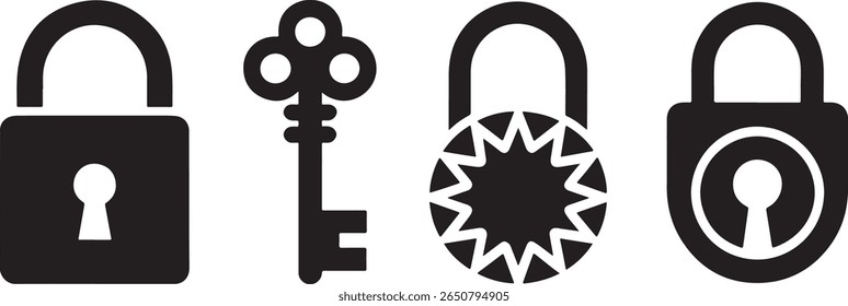 A Collection of Security Measures Depicting Locks and a Key Emphasizing Protection and Privacy