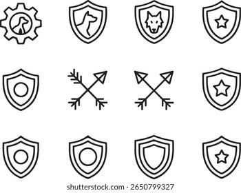 Collection of Security and Nature Themed Icons Representing Protection, Animals, Arrows, and Technological Concepts in a Minimalist Design