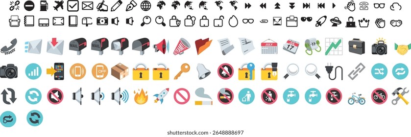 Coleção de ícones relacionados à segurança e à privacidade em estilos de cores planas e glifos. Inclui símbolos como cadeados, câmeras, caixas de correio, chaves. Perfeito para uso em segurança cibernética, aplicativos técnicos.