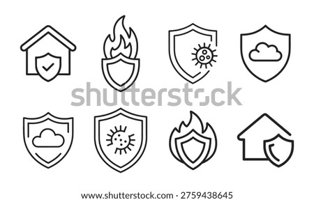 Collection of security and protection icons, featuring shields safeguarding homes, fire, viruses, and clouds, symbolising data, physical, and digital safety measures for comprehensive risk management...