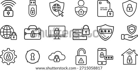 Collection of security and protection icons with locks and shields data on white background