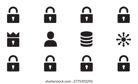 Collection of security and protection icons: open and closed padlocks, crown, user silhouette, stacked coins, and snowflake.
