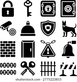 Collection of security and safety icons featuring locks keys alarms and protective symbols for graphic design use
