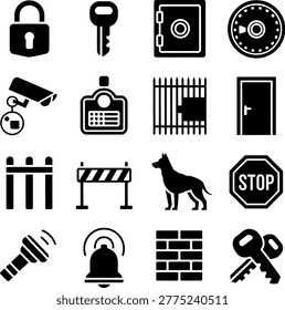 Collection of security and safety icons featuring locks keys surveillance and protective measures