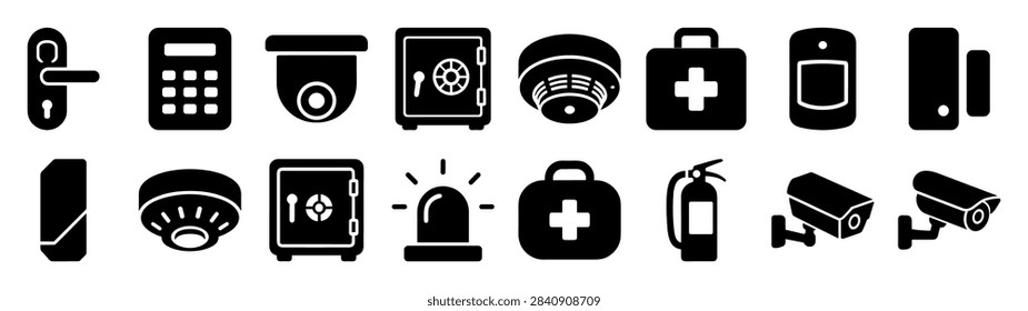 Collection of security and safety icons including door lock, calculator, surveillance cameras, safes, fire alarm, first aid kit, fire extinguisher