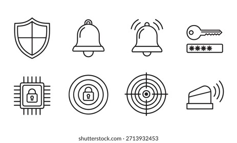 Colección de íconos de seguridad que representan escudo, alarmas, llaves, Contraseña, cerraduras, chips de computadora, objetivo y alarma