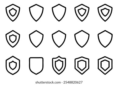 Collection of security shield icons in black, representing safety and defense. Perfect for protection concepts and law enforcement visuals. Clean vector style.