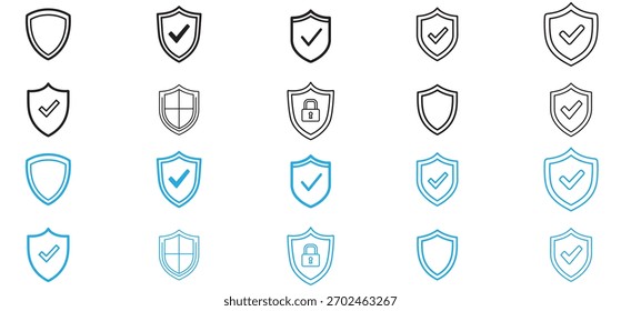 Una colección de íconos de escudo de seguridad en varios estilos, incluidos los efectos rellenos, delineados y grunge, con marcas de verificación y símbolos de bloqueo