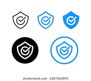 Collection of security and verification icons featuring shields with checkmarks in various styles: outline, filled, and circular backgrounds. Perfect for web, app, or branding.