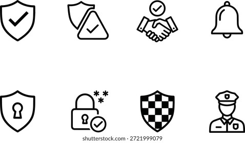 Una colección de iconos vectoriales relacionados con la seguridad en estilo silueta, incluidos escudos, cerraduras y protectores, para conceptos de diseño y seguridad