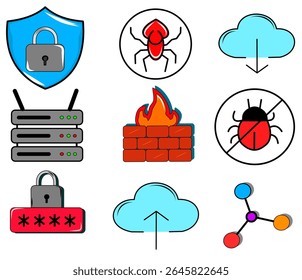 A collection of security-themed icons in a vibrant, full color palette, including shields, locks, and bug symbols. This diverse set is ideal for illustrating comprehensive security solutions