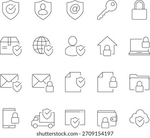 Coleção de ícones de linha com temas de segurança com traços editáveis, perfeito para sites, aplicativos e apresentações relacionadas à segurança e proteção.