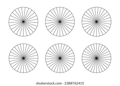 Collection of segmented charts isolated on a white background. Many number of sectors divide the circle on equal parts. Set of pie graphs. Outline thin graphics. Vector illustration. svg