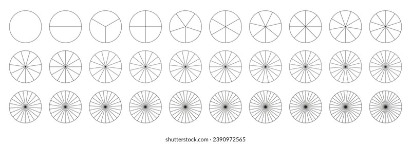 Collection of segmented charts. Many numbers of sectors divide the circle on equal parts, from 1 to 30 segments. Outline thin graphics. Set of pie charts, pizza graphs. Presentation template elements.