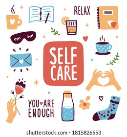 Collection of self care icons. Sleeping mask, diary, letter to yourself, bottle of water, cute socks, cup of coffee or herbal tea. Love and relax, slow life. Female body or mental health illustrations