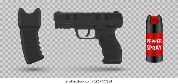 Collection of self defense equipment vector illustration in realistic style. Set of taser or stun gun, pepper spray and pistol isolated on transparent. Portable protective tools for personal safety